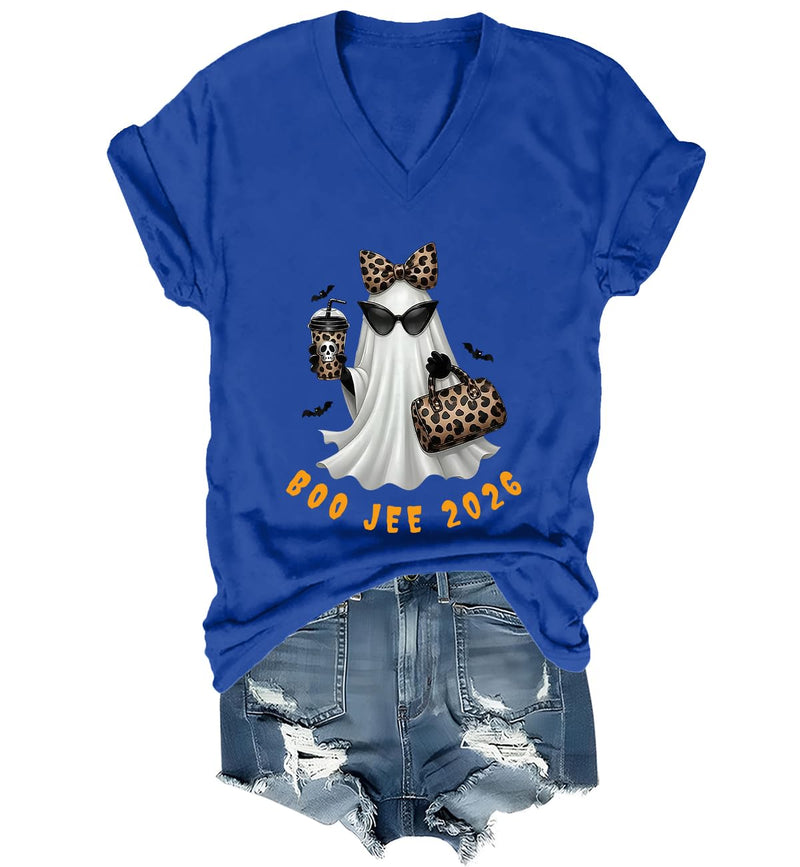 WQFQW Boo JEE 2026 Ghost Funny Halloween Leopard Print Ghost Shirt for Women - Sapphire Blue-vneck