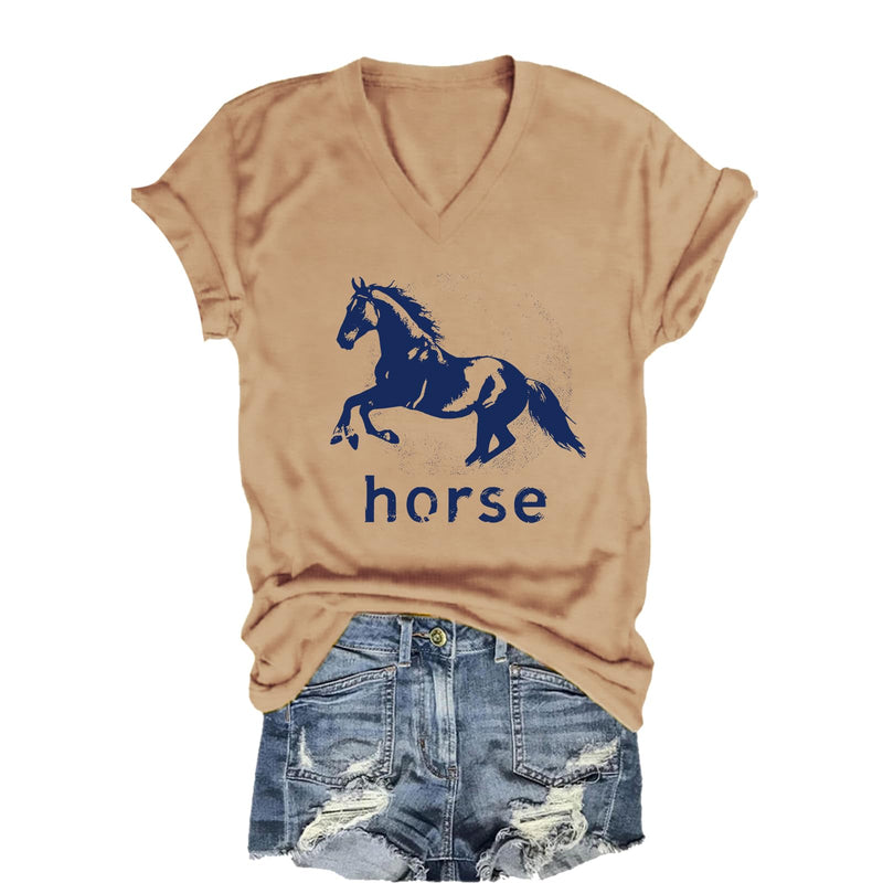 Pukcoun Horse Shirt Horse Lover V-Neck Shirt Retro Graphics T-Shirt Unisex - Khaki1