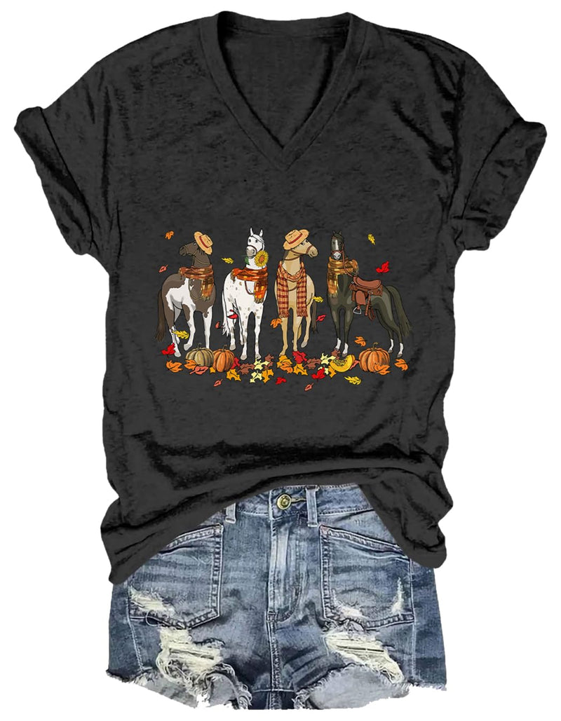 Niaday Fall Horse Shirt Men Women Graphic Short Sleeve T-Shirt Tee, Fall Season Horses Horse Lover Shirt - Black1