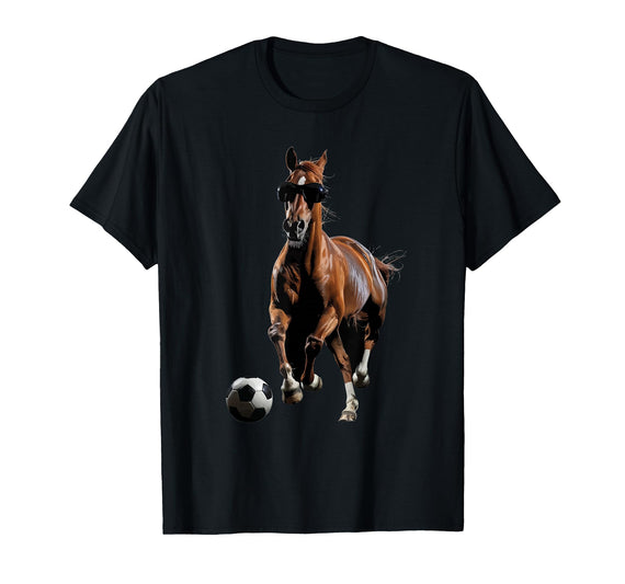 Funny Horse Football Design Horse Soccer Football T-Shirt - Black