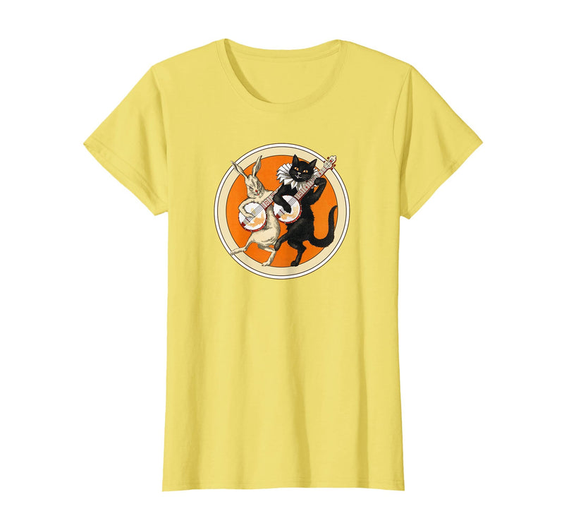 The Persnickety Owl Vintage Halloween Ephemera The Black Cat Magazine Halloween Cat Rabbit and Banjo T-Shirt - Lemon Yellow