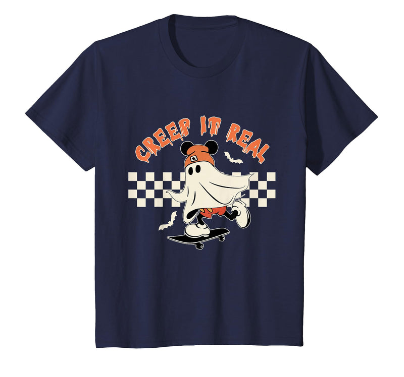 Halloween Creep it Real Vintage Ghost CKTEE2 Vintage Halloween Creep It Real Mouse Ghost Boy Fall Season T-Shirt - Navy Blue