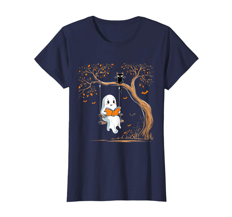 Halloween Ghost Swing Reading Vintage Ghost Swing Reading Book Swinging Halloween Costume T-Shirt - Navy Blue