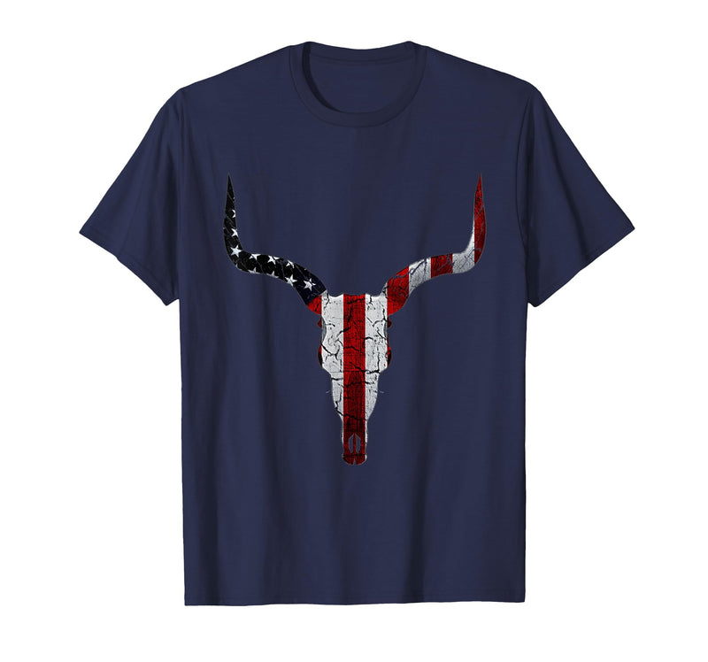 Cow skull USA Flag Bull Skull American Flag Cow Skull Western Graphic Wild West T-Shirt - Navy Blue