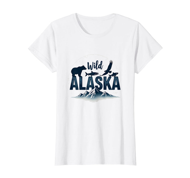 Mademark Wild Alaska Adventure: Bear, Fish, Eagle Mountain Scene T-Shirt - White