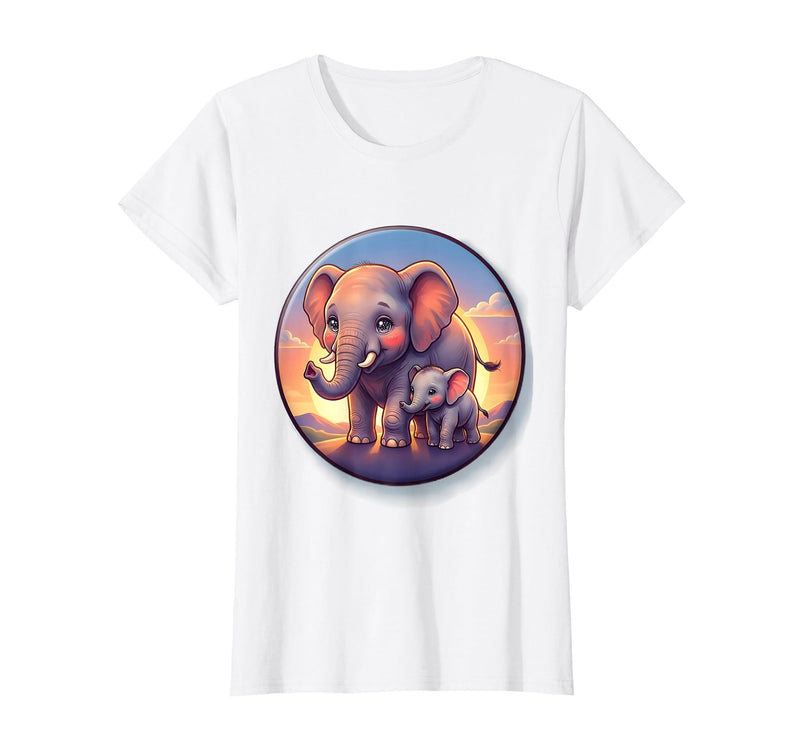 Mademark Elephant Mother and Calf Sunset Walk Design T-Shirt - Women - White