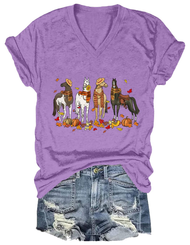 Niaday Fall Horse Shirt Men Women Graphic Short Sleeve T-Shirt Tee, Fall Season Horses Horse Lover Shirt - Purple1