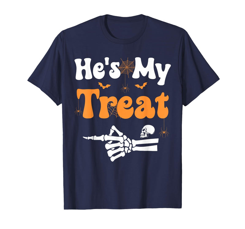 She's My Trick He's My Treat Halloween Couple Tees He's My Treat Skeleton Couples Matching Couple Halloween T-Shirt - Navy