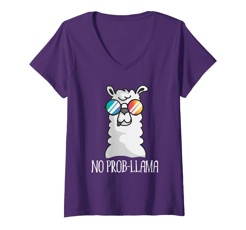 Llama Life Apparel Women's No Prob-Llama No Problem Cute Funny Cool Llama Alpaca V-Neck T-Shirt - Purple