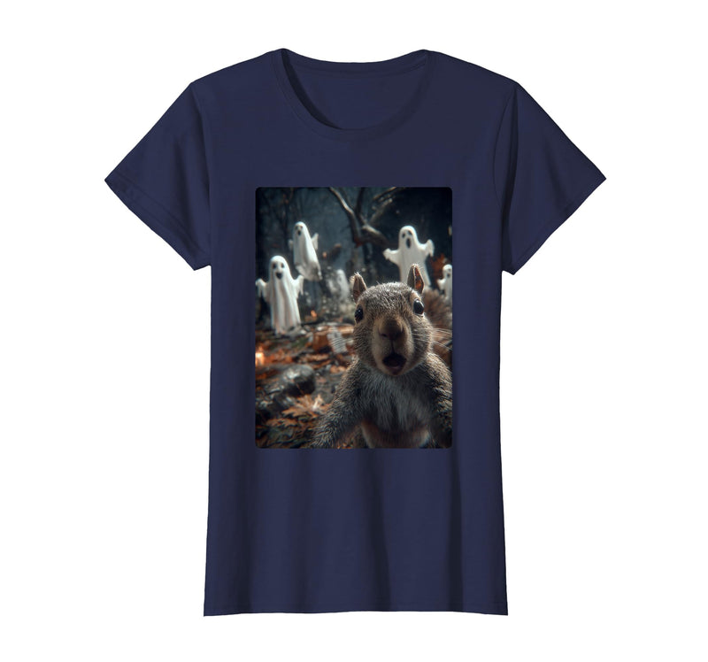 Funny Halloween Animals Selfies Clothing Funny Squirrel Selfie with Ghosts Haunted Forest Halloween T-Shirt - Navy Blue