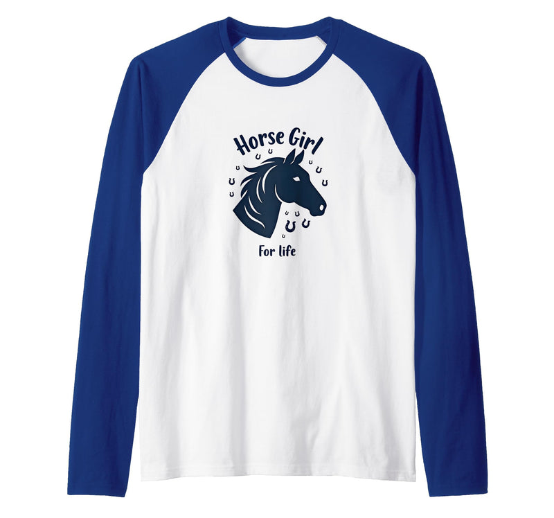 Mademark Horse Girl For Life Equestrian Passion Horseshoe Luck Raglan Baseball Tee - Royal Blue/White