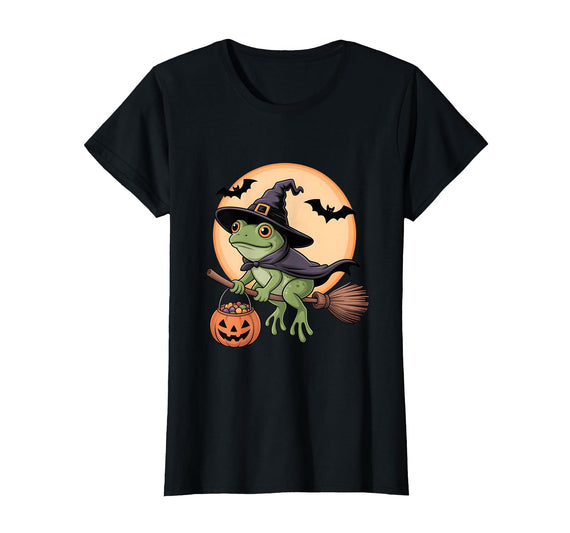 Frog Lover Halloween Party Wear Frog Witch Hat Pumpkin Halloween Costume Men Women Kids T-Shirt - Black