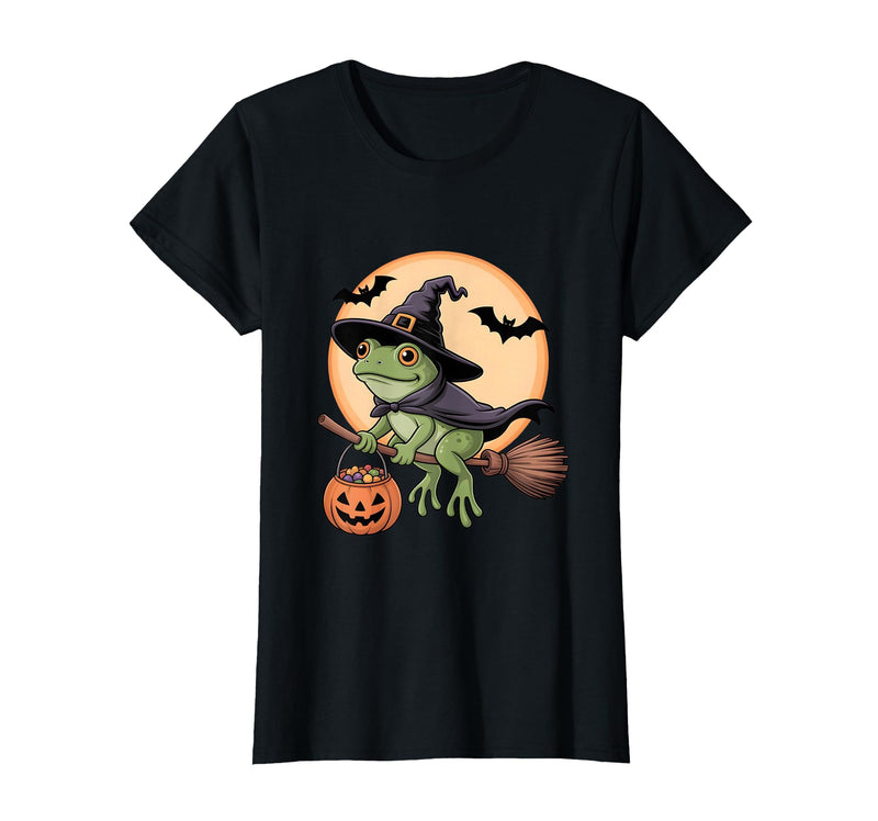 Frog Lover Halloween Party Wear Frog Witch Hat Pumpkin Halloween Costume Men Women Kids T-Shirt - Black