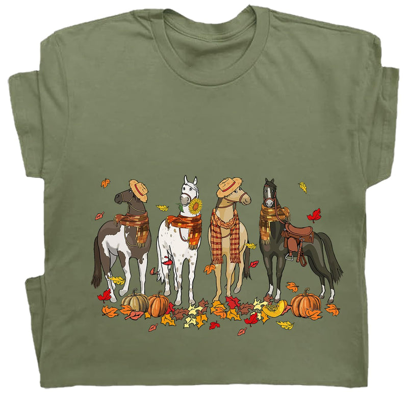 Niaday Fall Horse Shirt Men Women Graphic Short Sleeve T-Shirt Tee, Fall Season Horses Horse Lover Shirt - Green