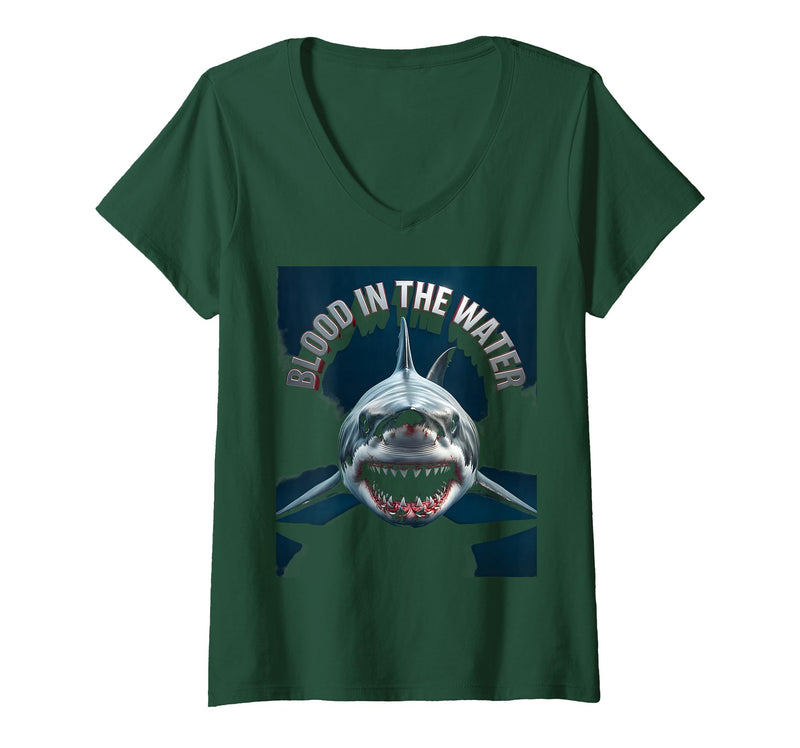 Mademark Women's Blood in the Water Shark Women Design V-Neck T-Shirt - Dark Green