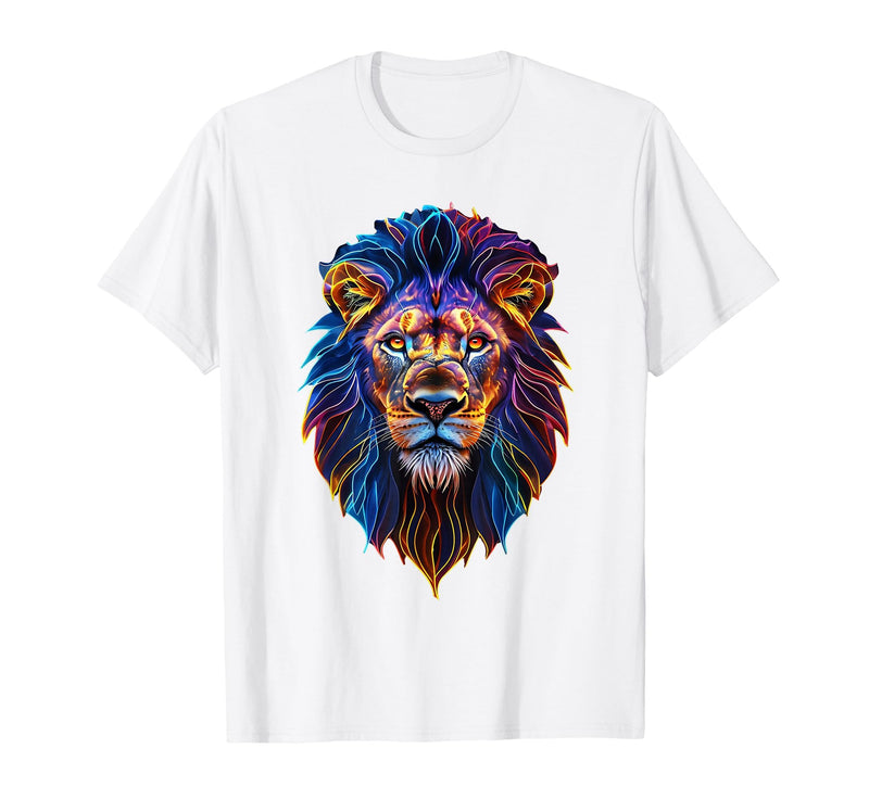 Psychedelic Jungle Glow Animal Art Glow Lion Head Art Psychedelic Jungle Animal Face T-Shirt - White