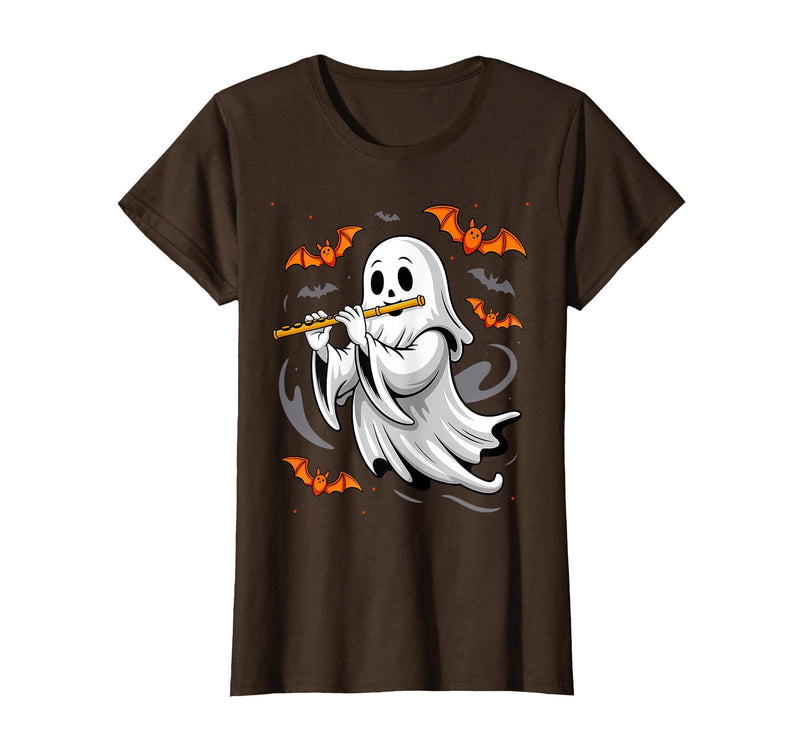 Ghost Halloween Lover Gift Co. Boo Ghost Playing Flute Halloween Musical Instrument T-Shirt - Brown