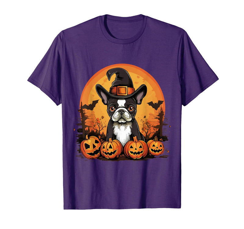 Boston Terrier Bostie Dog Halloween Designs Boston Terrier Bostie Dog Breed Pet Halloween Pumpkins T-Shirt - Purple