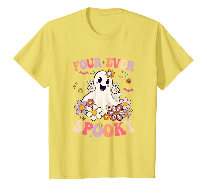 4th Birthday Party Halloween Costume Four Ever Spooky Halloween 4Th Birthday Party Decorations T-Shirt - Lemon Yellow