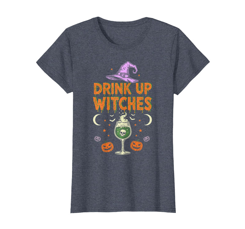Funny Halloween Tees for Men Women Kids. Drink Up Witches Purple Hat Funny Halloween Men Women T-Shirt - Heather Blue