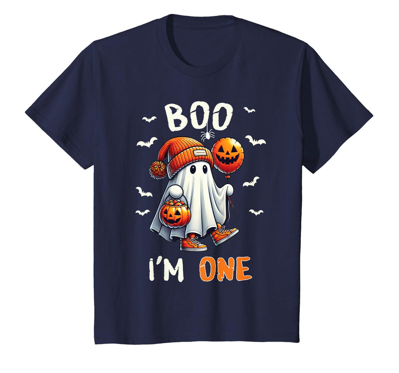 Halloween Boo I'm First 1st Birthday Boy Boo I'm One Ghost 1st Birthday Halloween Boy Kids Groovy T-Shirt - Navy Blue