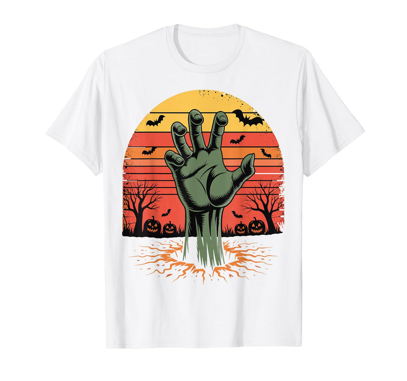 Creepy Undead Zombie Hand Retro Sunset Scary Zombie Hand Retro Sunset Halloween Horror Tee T-Shirt - White