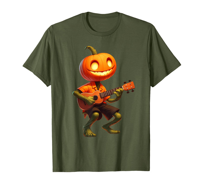Funny Pumpkin Head Halloween Ukulele Tees Pumpkin Face Playing Ukulele Halloween Costume Men Boys Kids T-Shirt - Olive Green
