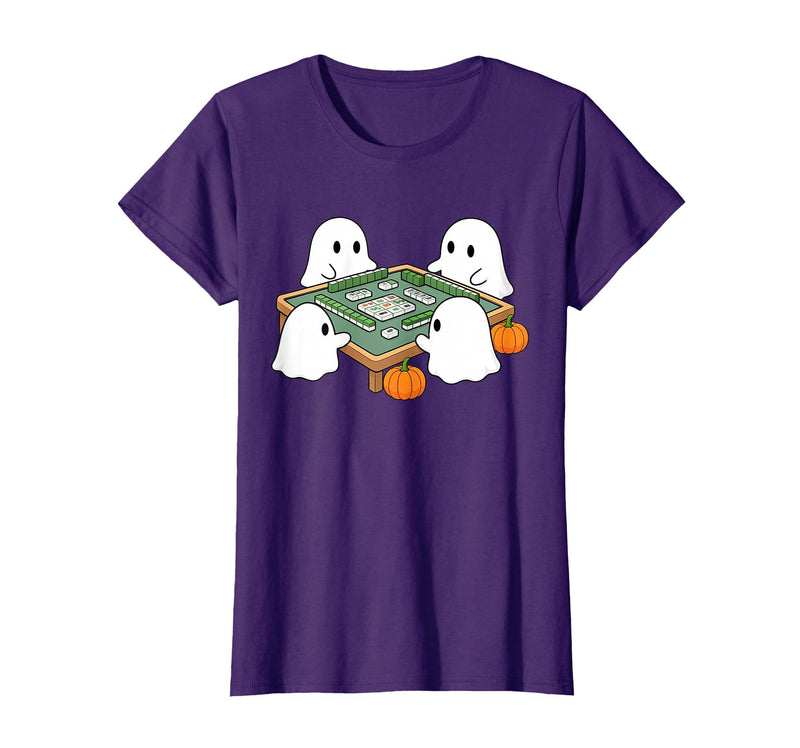 Mahjong Player Halloween Ghost Playing Mahjong Halloween Ghost Playing Mahjong Spooky Season Game Day Fall T-Shirt - Purple