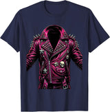 Scene Kid Studded Leather Jacket 2000s Graphic T-Shirt - Navy Blue