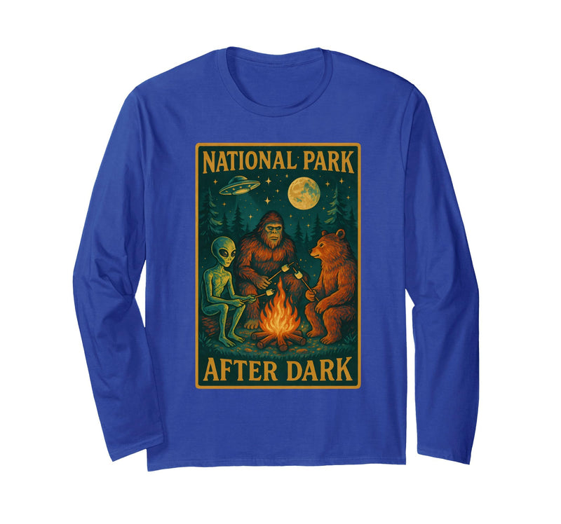 National Park After Dark Tee National Park After Dark: Alien Bigfoot Bear Camping Long Sleeve T-Shirt - Royal Blue