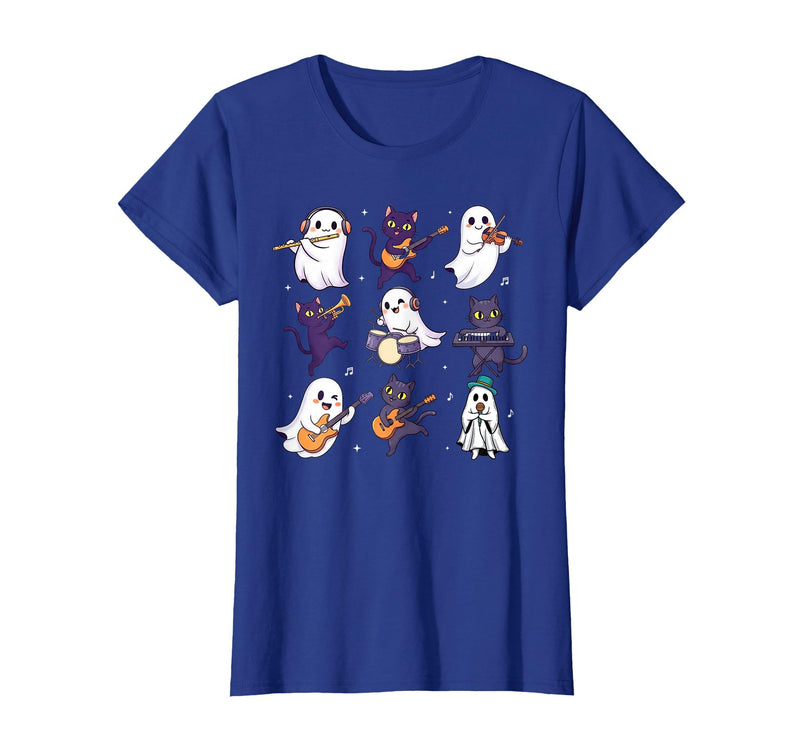 Halloween Music Teacher Ghost Music Lover Cute Ghost Cat Playing Musical Halloween Music Teacher T-Shirt - Royal Blue
