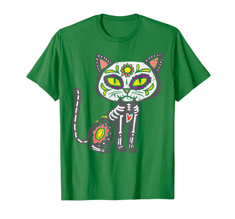 Halloween Cat Shirts For Women Men Kids Owner Sugar Skull Cat Dia De Muertos Day of Dead Halloween Mexican T-Shirt - Kelly