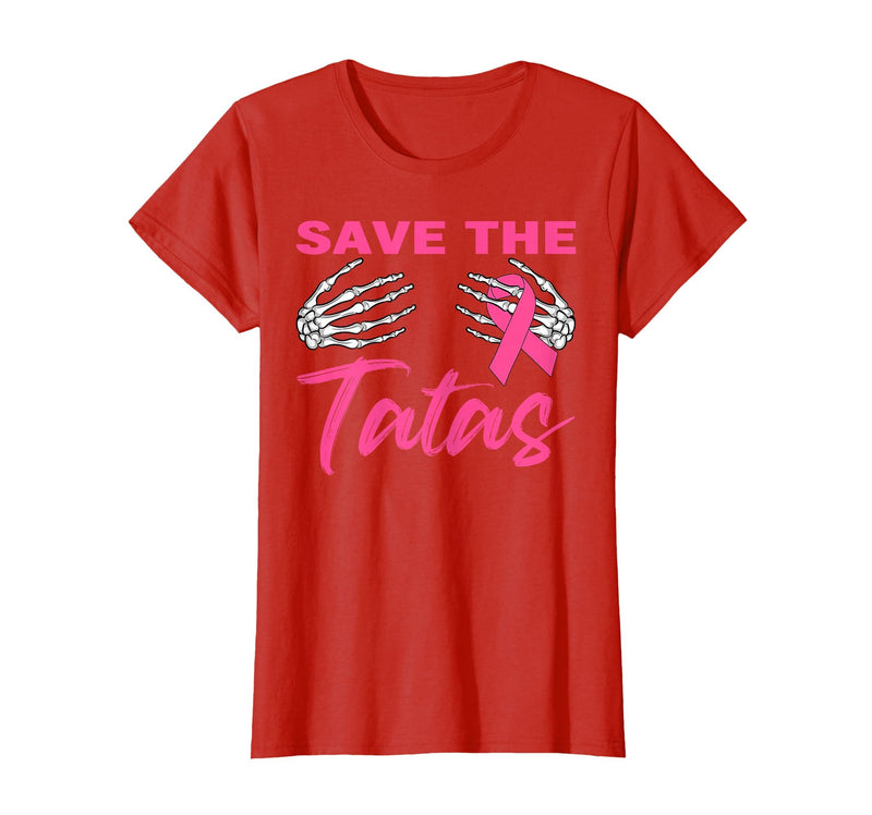 Amb Breast Cancer Awareness Month Warrior Survivor Save The Tatas Breast Cancer Pink Ribbon Skeleton Halloween T-Shirt - Red