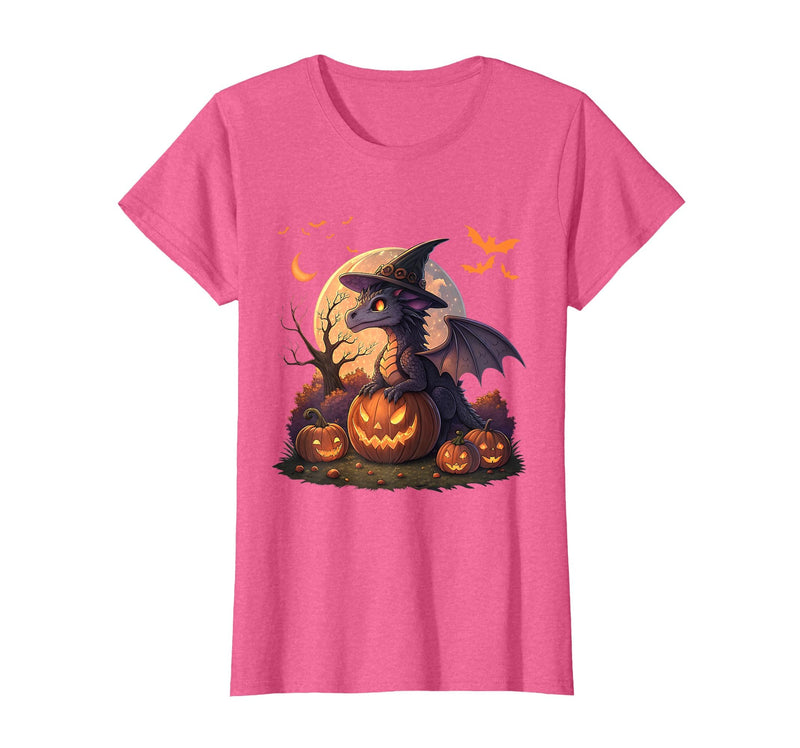 Halloween Dragons Fantasy Spooky Witchy Cute Halloween Dragon Witch Hat Pumpkin Moon Fantasy T-Shirt - Pink Heather