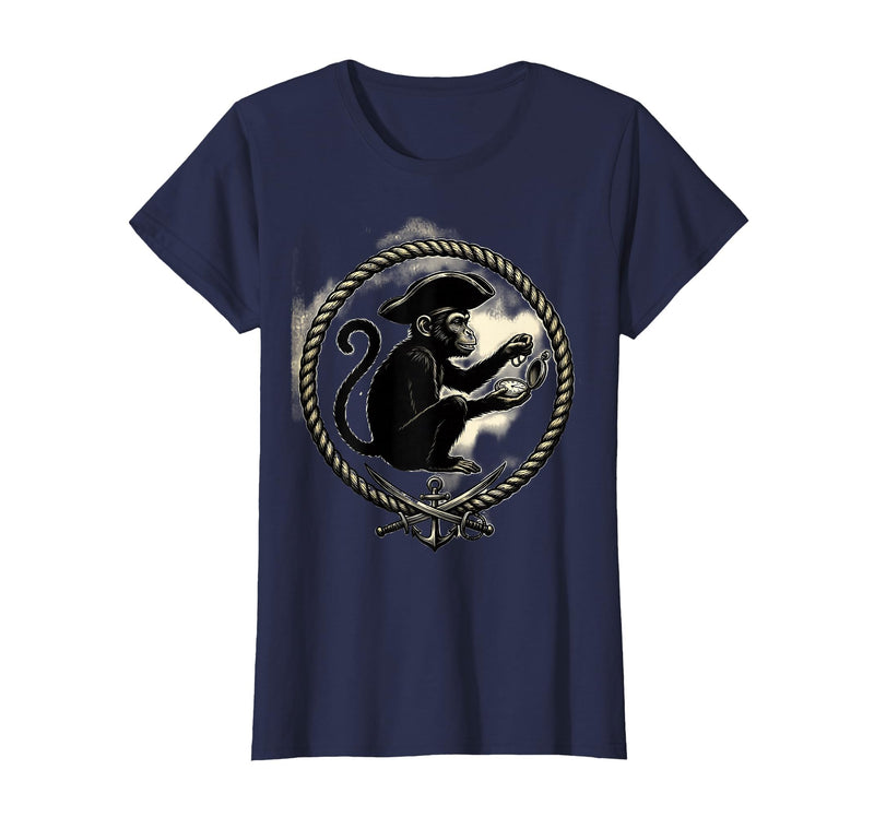 Mademark Pirate Monkey with Stolen Pocket Watch Design T-Shirt - Women - Navy Blue