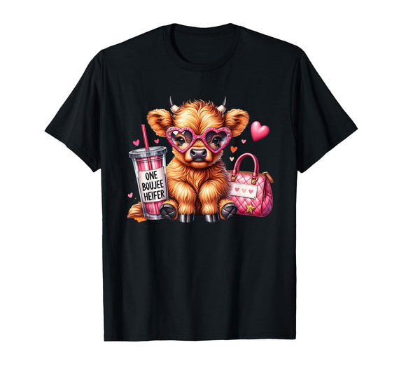 Highland Cow Land of NYC One Boujee Heifer Highland Cow Bougie Pink Tumbler Handbag T-Shirt - Black