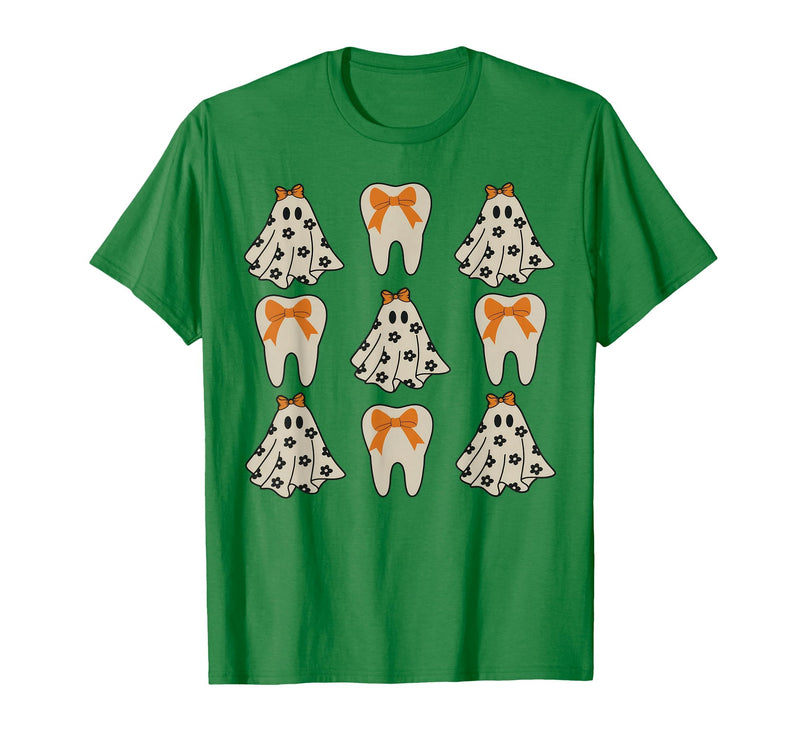 Dentist Dental Halloween Costume Tee Gifts Floral Ghost Teeth Dental Dentist Halloween Costume T-Shirt - Kelly Green