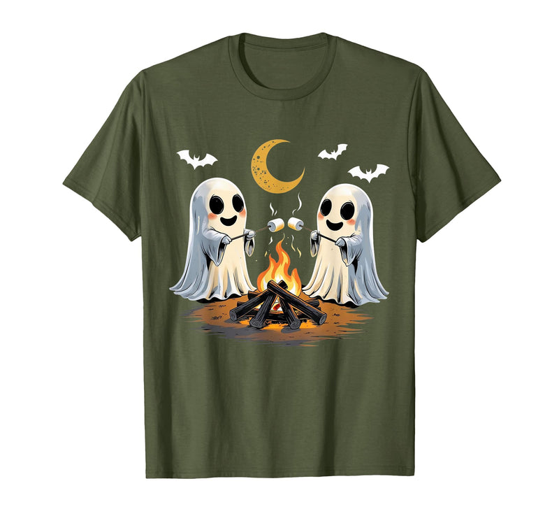 Halloween Tees and Spooky Ghosts Designs Ghosts Roasting Marshmallows Halloween Night Cute Novelty T-Shirt - Olive Green