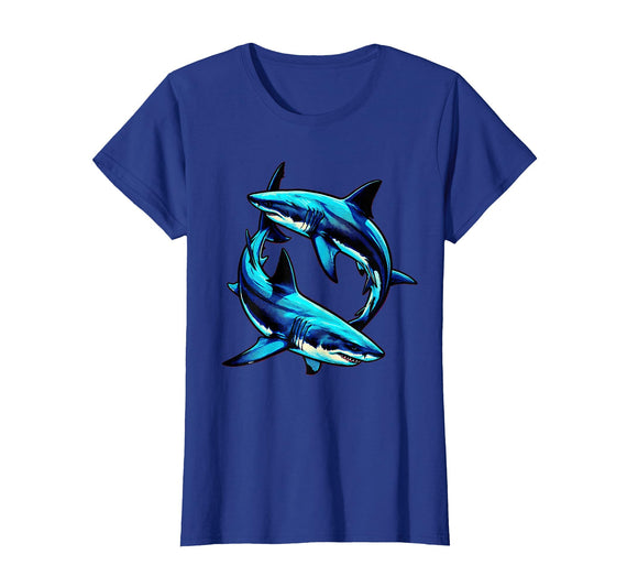 Mademark Dual Sharks Aerial View Circling Ocean Predators T-Shirt - Royal Blue