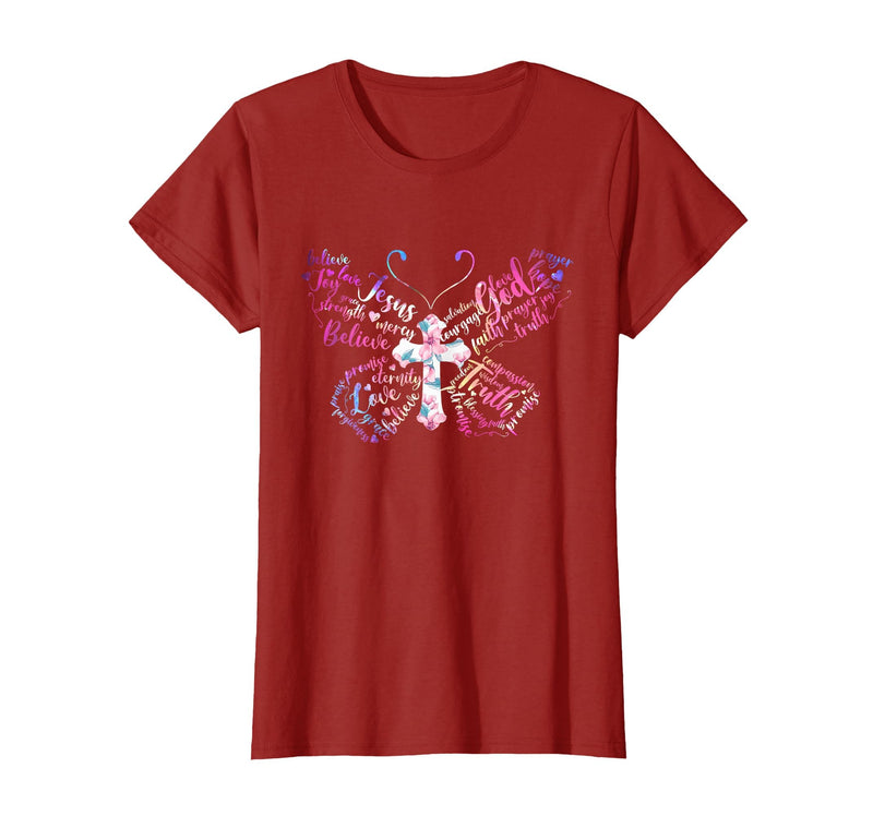Butterfly Prayer Graphic Jesus Christian Cross Butterfly Prayer Jesus Christian Cross Floral Pattern T-Shirt - Cranberry Red