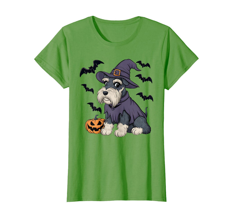 Witch Schnauzer Dog Halloween Outfits Schnauzer Dog Scary Pumpkin Bat Witch Schnauzer Halloween T-Shirt - Grass Green