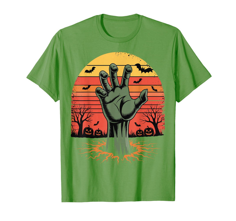 Creepy Undead Zombie Hand Retro Sunset Scary Zombie Hand Retro Sunset Halloween Horror Tee T-Shirt - Grass Green