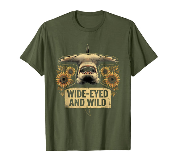 Mademark Wide-Eyed and Wild Hammerhead Shark Design T-Shirt - Olive Green