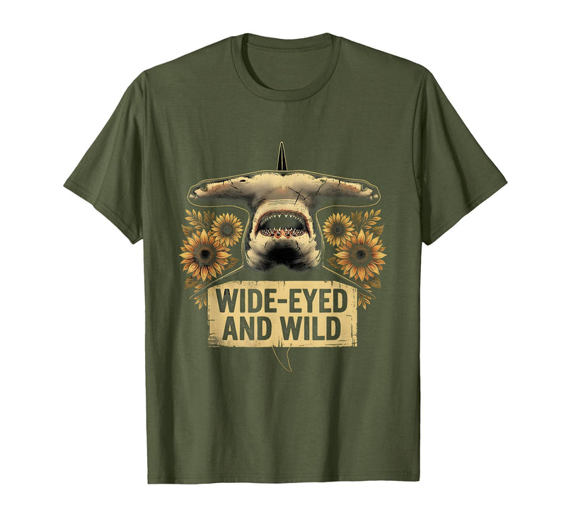Mademark Wide-Eyed and Wild Hammerhead Shark Design T-Shirt - Olive Green