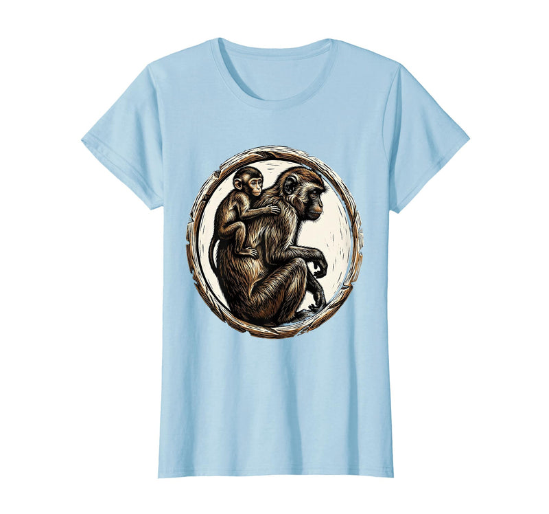 Mademark Baby Monkey Clinging to Mother's Back Design T-Shirt - Women - Baby Blue