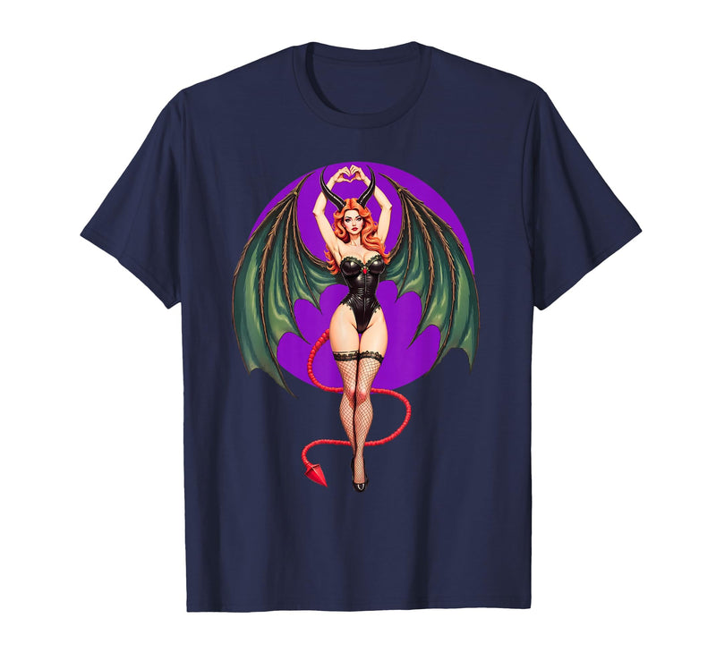 Classic Vintage Pin-Up Sexy Girl by YUX Sexy Succubus Monster Halloween Hand Heart Pin-Up Girl Devil T-Shirt - Navy Blue