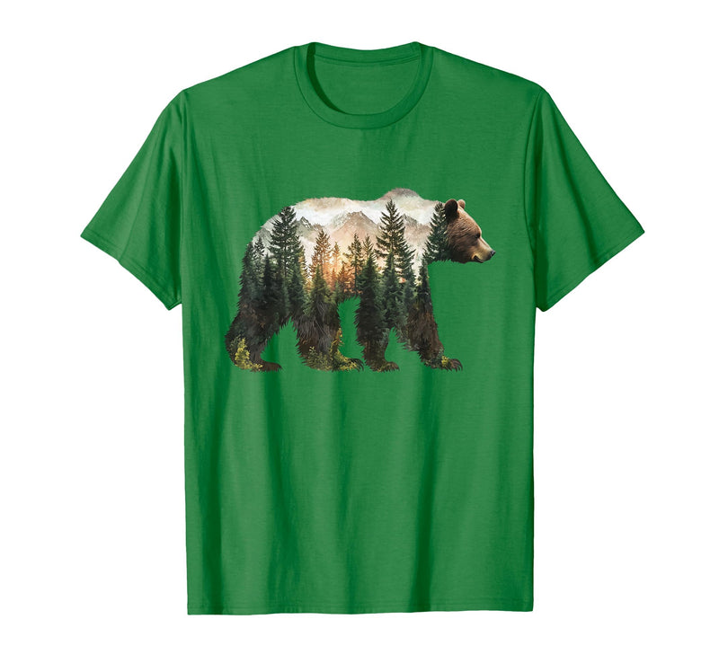 Bear Designs. Bear Forest Mountains Trees Nature Sunset Outdoor Graphic T-Shirt - Kelly Green