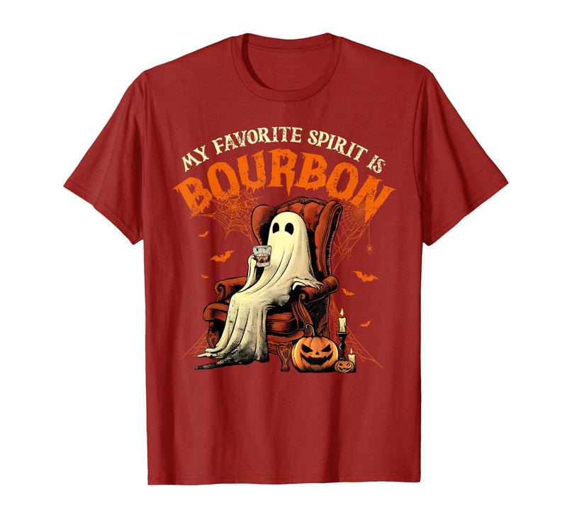 Bourbon Ghost Funny Halloween Drinking Apparel My Favorite Spirit is Bourbon Funny Halloween Ghost T-Shirt - Cranberry Red