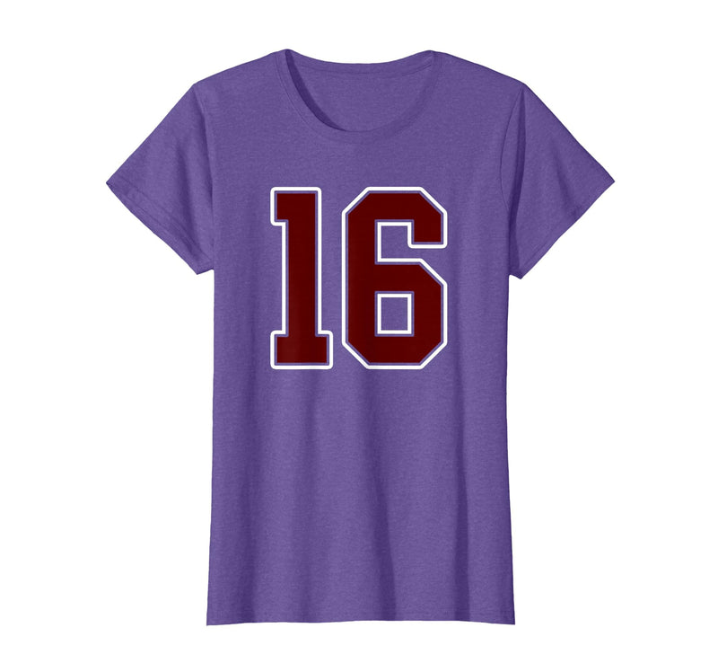 Maroon Number 16 Jersey Player Uniform #16 Gifts Maroon and White Number 16 Jersey Player Uniform #16 Fan T-Shirt - Purple