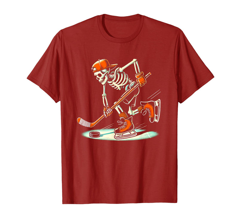 Halloween Costume For Hockey Lovers Funny Skeleton Hockey Halloween for Ice Hockey Lovers T-Shirt - Cranberry Red